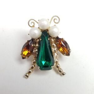 Vintage Little Fly Insect Bug Brooch, Rhinestone Body Faux Pearls, Retro Estate